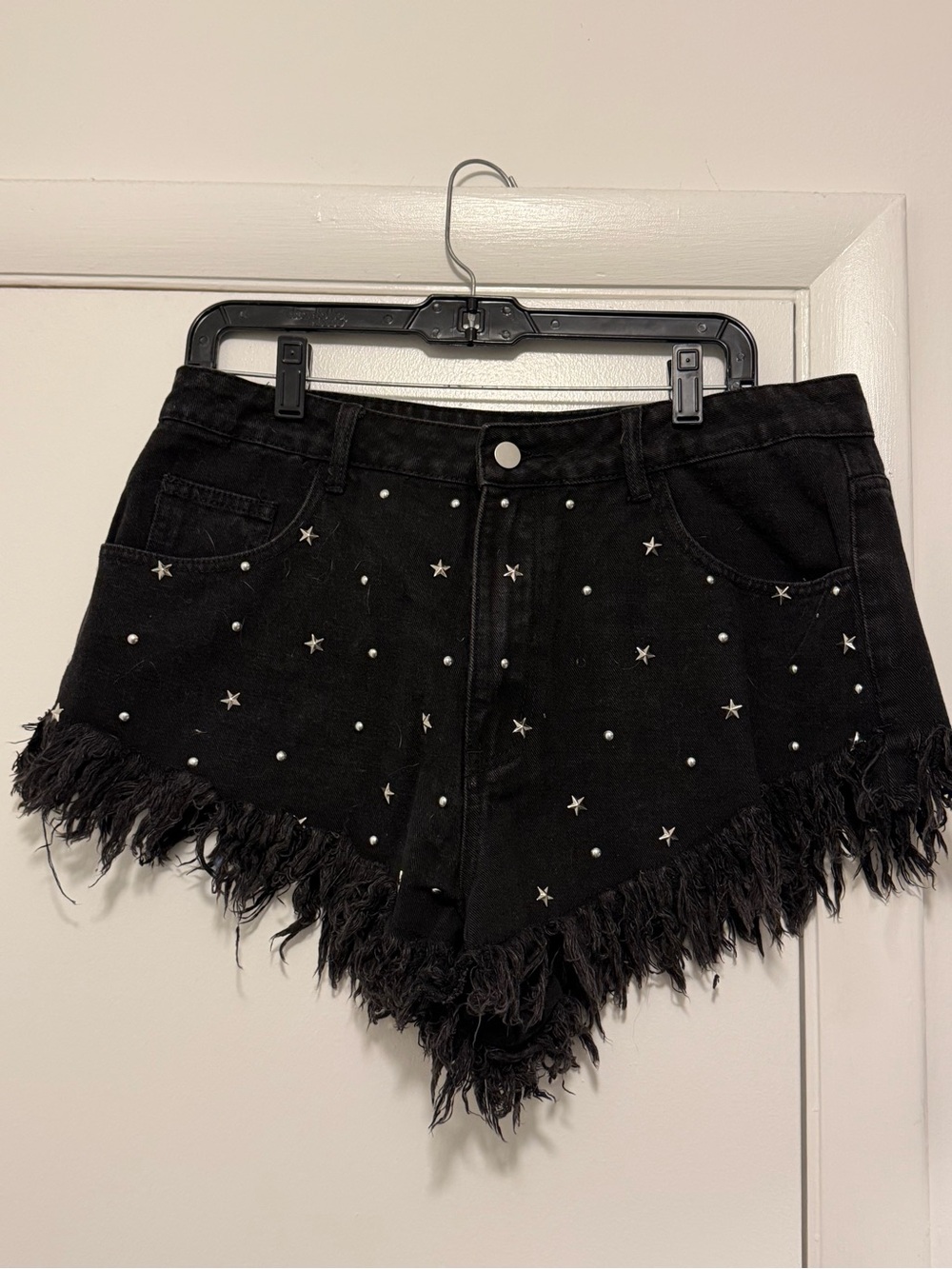 Black Fringed High-Waist Denim Shorts with Star Studs